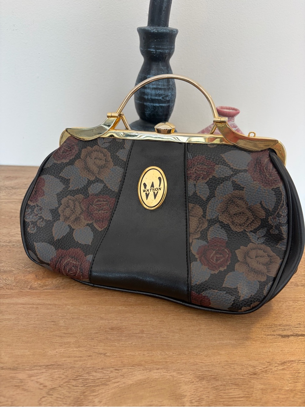 Watson floral black leather tapestry kisslock handle purse